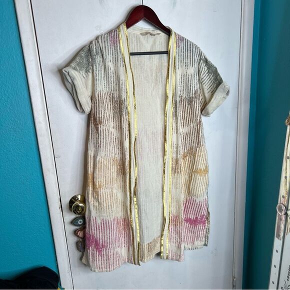 Soft Surroundings Rio Vista Cotton Cardigan Kimono Pastel Metallic Gold Sz small - Picture 5 of 9